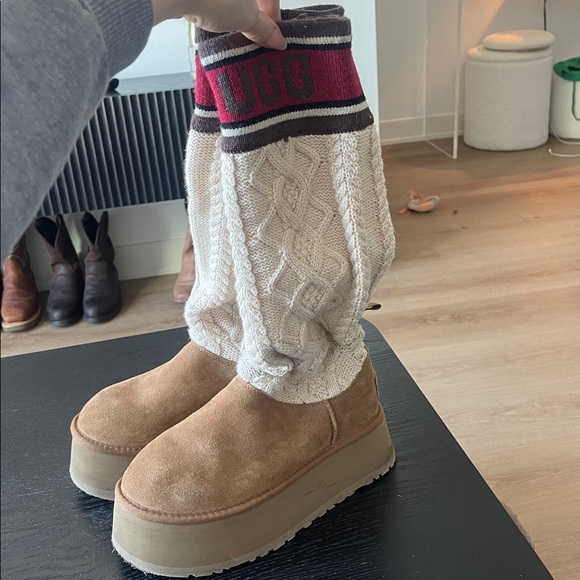UGG Tan Platform Over-the-Knee Boot with Cream Knit Shaft and Red Accent - Picture 2 of 8